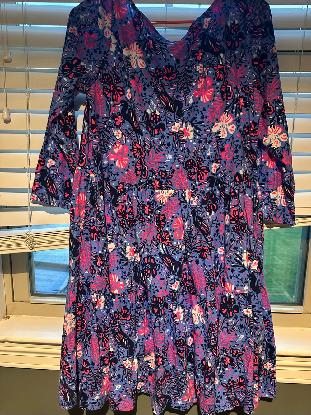 Lilly Pulitzer Blue Floral Tiered Long-Sleeve Dress with Pink Accents - Picture 6 of 6